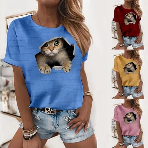 Summer Womens 3D Cute Cat Digital Print Top Round Neck T Shirt Vintage Tees Casual Shirt Clothing Female Streewear