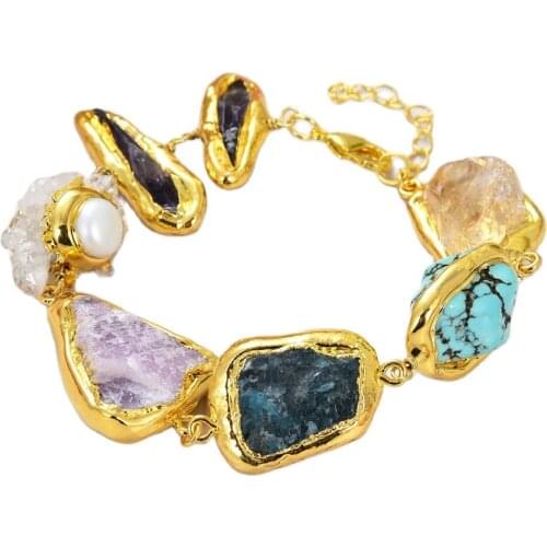GG Jewelry Natural Amethysts Citrines Apaite Quartz Rough Raw With Gold Color Plated Edge Wrap Bracelet