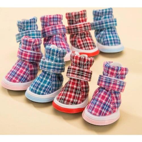 Plaid Warm dog shoes Waterproof Non-Slip pet shoes for Small Puppies Breeds cat autumn and winter snow boot Accessories 4pcs/lot