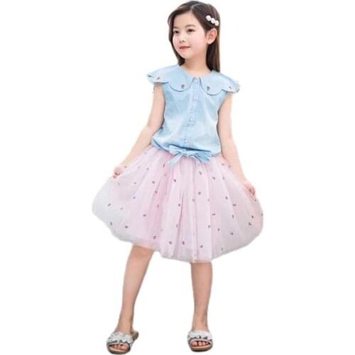 2021 Girls Set Summer Denim Embroidered Lapel Top + Net Yarn Princess Skirt Two Piece Set Princess Baby Kids Set