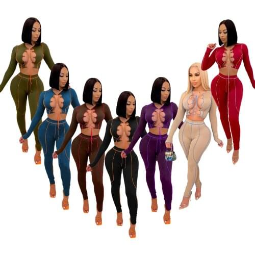 Sexy Lady Fitness Two Piece Matching Sets Women Causal Lace Up Hollow Out Long Sleeve Crop Tops Leggings Sweatpants Suit Outfit