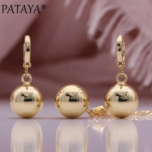 PATAYA New Round Ball Metal Earrings Necklace Set 585 Rose Gold Long Earrings Simple Pendant Women Unusual Fashion Jewelry Sets