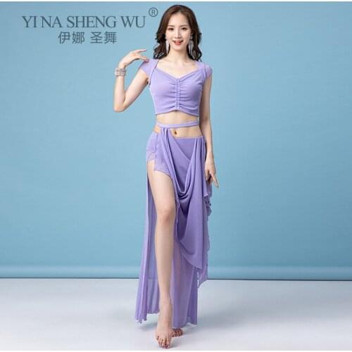 Women Oriental Practice Wear Professional Bellydance Belly Dance Costume Set Top Solid Color Split Long Skirt Set Outfit Clothes