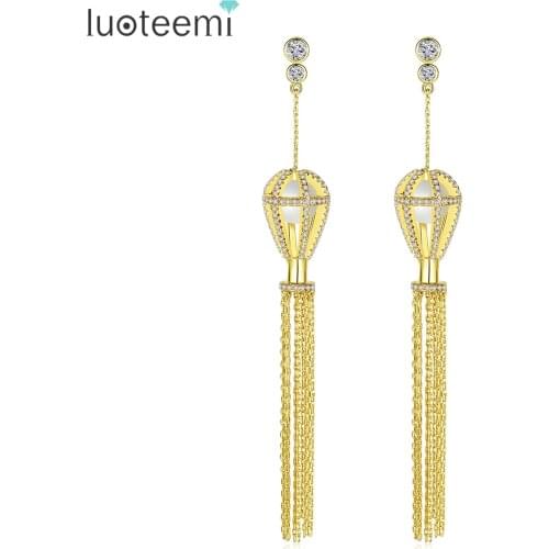 LUOTEEMI Boho Design Lantern Tassel Long Drop Earrings for Women Girls Party Luxury Gold Color Micro CZ Dangle Earrings Brincos