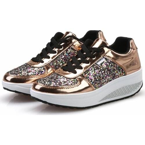 2020 Fashion New Women Crystal Patent Leather with Glitter Causal Shoes Brand Design Lace Up Flats Golden Shoes Shoes Woman