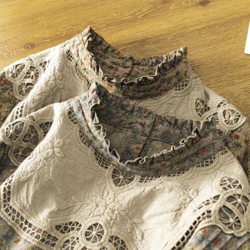 Artistic Lace Stand Collar Double Layer Gauze Puff Top Retro Printed Shirt