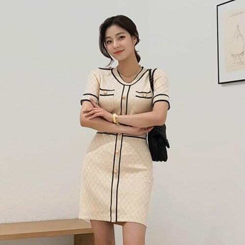 New arrival comfortable fashion striped knit bouncy dress temperamental office lady elegant basic mini pencil dress