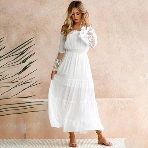 2021 Women Strapless Long Sleeve Loose White Beach Dress Sexy Off Shoulder Lace Boho Women Maxi Dress