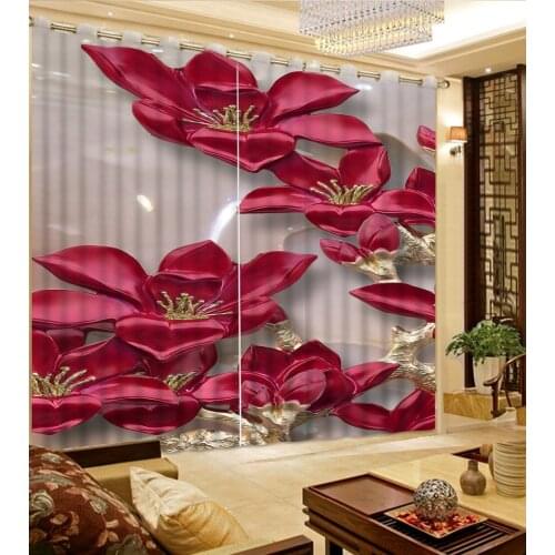 Rose red curtains for grils room Customized 3D Curtains Golden Red Flower Bed Living Room Hotel Curtains For Bedroom