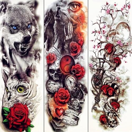 Summer Style Temporary Tattoo Black Roar Wolf Iron Chains Tatoo Stickers Moon Body Arm Men Boy Legs Red Rose Watercolor Tattoos