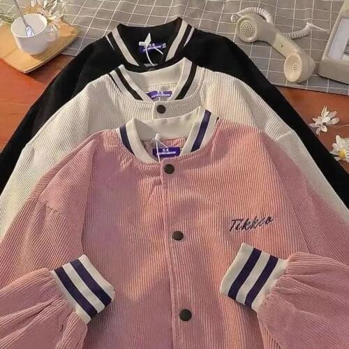 Japanese baseball uniform pink jacket women autumn preppy style sweet punk loose cardigan streetwear Harajuku corduroy outerwear