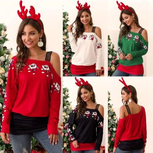 New Winter Autumn Women Christmas Sexy Strapless Stitching Printed Tops Casual Female Fashion Off Shoulder Long Sleeve Shirts