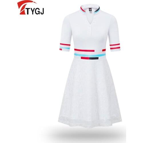 New Products Women Golf Apparel Dress V Stand Collar High Waist Lace Slim Print Short Sleeve Sports Skirt Soft High Quality
