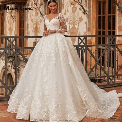 High-End V-Neck Full Sleeve Beading Wedding Dress for Women Luxury Chapel Train Embroidery Appliques Tulle Bridal Ball Gown