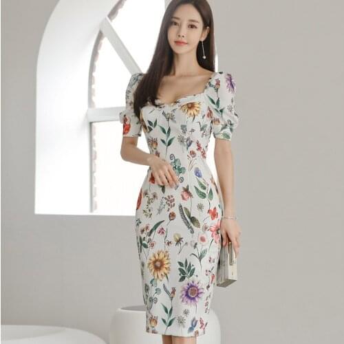 2021 New Fashion Women Short Sleeve Office Chic Lady Dress Summer Elegant Slim Waist Flowers Print Korean Dress