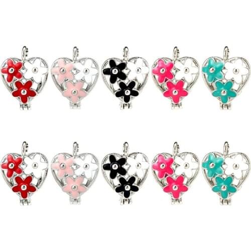 10X Colorful Enamel Christmas Styles Flower Heart Essential Oil Diffuser Locket Pendant DIY Jewelry Making for Oyster Pearl Cage