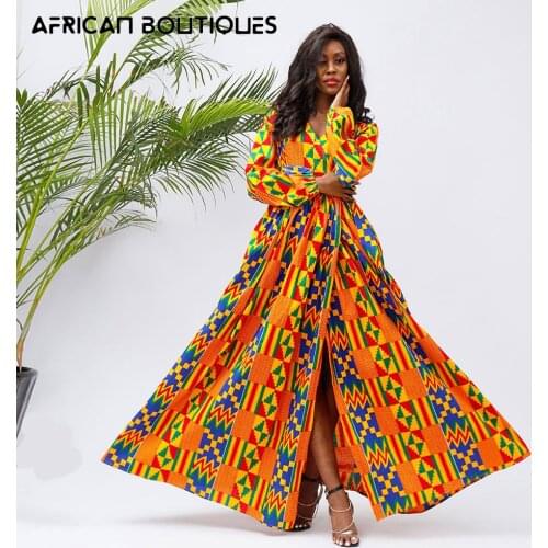 African womens dashiki print V-neck side split African womens long dress long sleeve party Ankara dress Robe