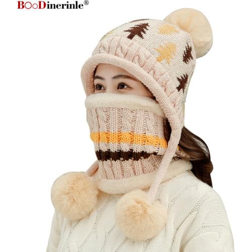 BOoDinerinle Christmas set cap and scarf for women Knitted Winter Hat Thick Warm Beanies Female For Girls Pom Pom Beain Hats