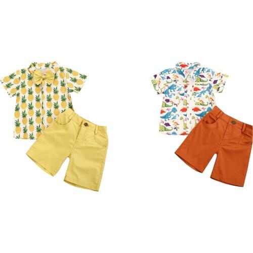 Citgeett Summer Kids Boys Clothes Two-Piece Set Pineapple/Dinosaur Print Short Sleeve Shirt and Solid Short Pants Set