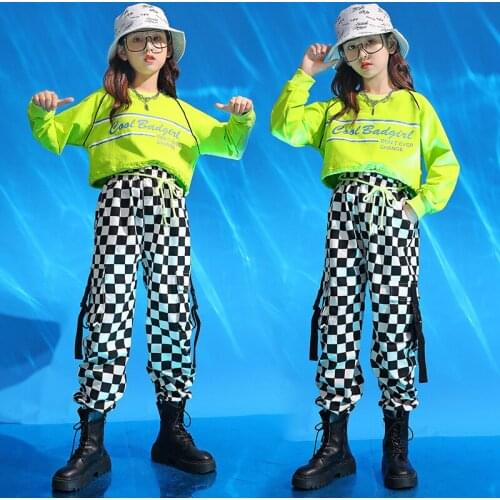 Kid Hip Hop Clothing Sweatshirt Crop Top Long Sleeve Shirt Streetwear Check Tactical Cargo Pants for Girl Dance Costume Clothes