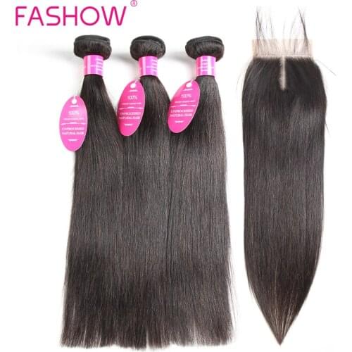 Fashow Malaysian Straight Hair 3 Bundles With Lace Closure Human Hair Bundles With Closure 4pcs/lot Non Remy Hair Bundles