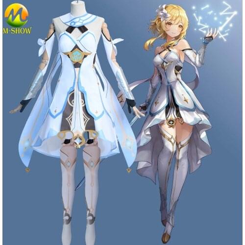 Game Genshin Impact Cosplay Traveler Lumine Cosplay Costume Women White Lolita Dress Halloween Fancy Suit for Adult Any Size