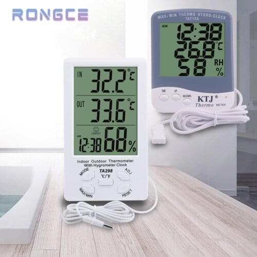 Digital LCD Indoor Outdoor Thermometer Hygrometer C/F Home Temperature Humidity Meter Clock External Probe Sensor Cable