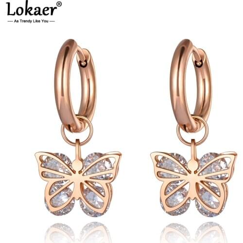 Lokaer Original Design CZ Crystal Butterfly Hoop Earrings Stainless Steel Trendy Animal Earrings Jewelry For Women Girls E20127