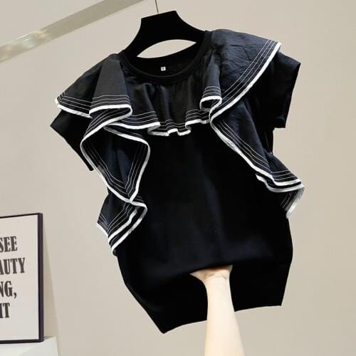 Fashion Color Contrast Sweet Ruffled Short-Sleeved T-shirt Women All-Matching Short Tee Tops Female Lady Clothes 2021