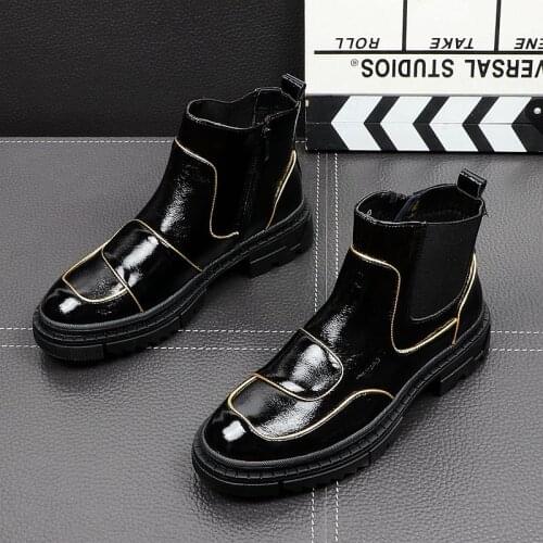 Mens fashion chelsea boots black patent leather shoes oxfords platform boot spring autumn trend cowboy ankle botas chaussures