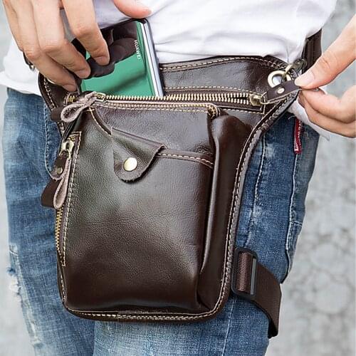 New style mens leather leg bag, outdoor sports head leather waist bag, Korean retro riding bag