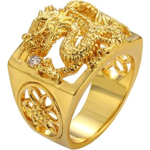 Wedding Rings for Men Real Yellow Gold Color Dragon Square Ring Anillo Birdal Jewelry Accessories Anel Bague Homme Bijoux Gifts