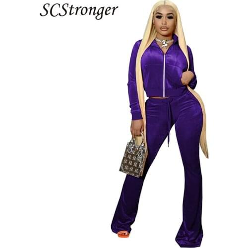 SCSCTRONGER Autumn And Winter Fashion Womens High Quality Solid Color Belly Button Jacket Flared Pants Suit Ensemble Femme 2021