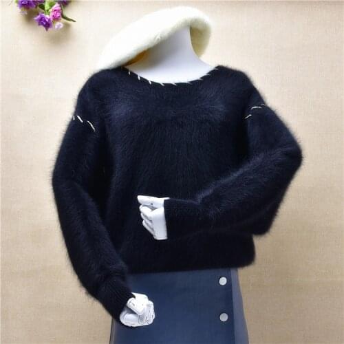 Top quality ladies women hairy black soft angora rabbit hair knitted o-neck loose long batwing sleeves pullover mink fur jumper