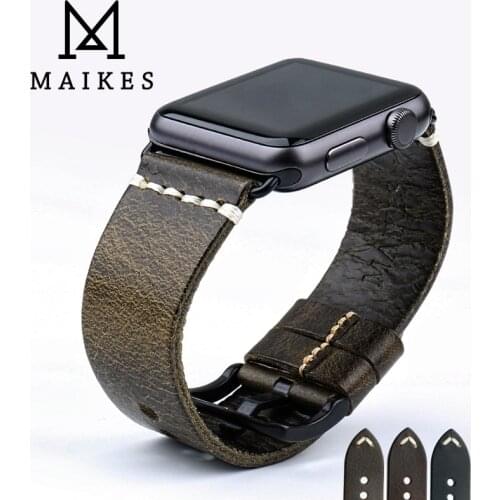 MAIKES Watch Accessories Vintage Oil Wax Leather Watch Strap Green For Apple Watch Band 44mm 40mm 38mm 42mm iWatch Band