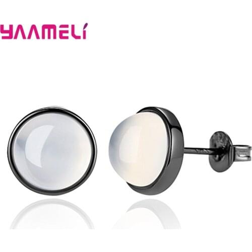 Retro Moonstone Stud Earrings Original 925 Sterling Silver Round Pendant Black Gun Colored Ear Decoration Jewelry for Man Woman