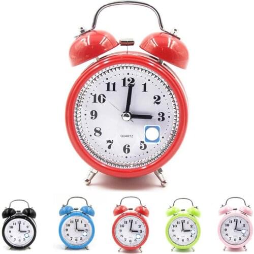 LED Light Portable Fashion Classic Silent Double Bell Alarm Clock Quartz Movement Bedside Night Light Green Blue Red Pink Yellow
