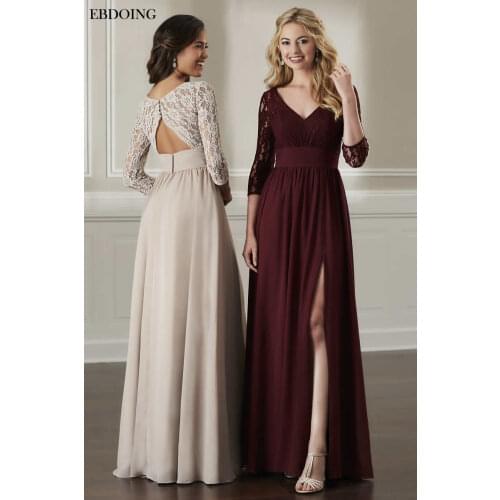 Newest Bridesmaid Dresses Lace A-line Robe De Soiree Floor-length V-neck Neckline Full Sleeves Wedding Party Dresses