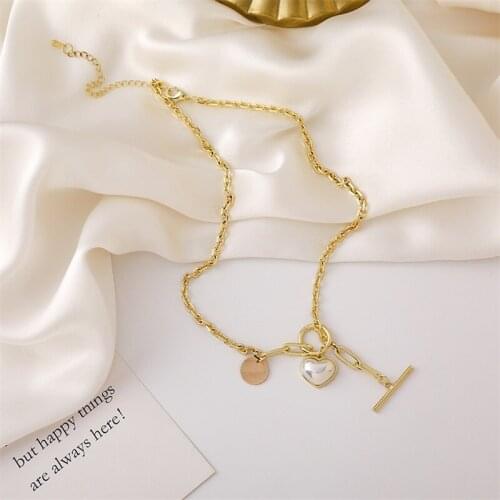 Vintage French OT Buckle Pearl Love Pendant Necklace Punk Style Clavicle Chain Sweater Fashion Clothing Accessories Jewelry