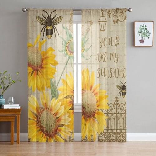 Sunflowers Bees Retro Window Curtains Bedroom Modern Drape Sheer Tulle Valances Living Room Kitchen Voile Curtain