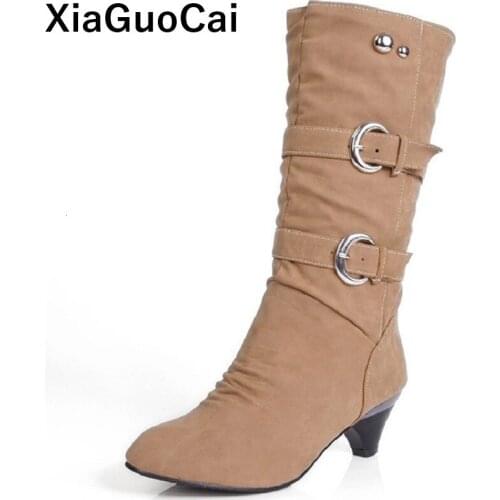 Winter Warm Woman Boots Mid-Calf Plush Female Shoes WIth Fur PU Leather Knight Boots Plus Size Mid Heel Sexy Ladies Footwear