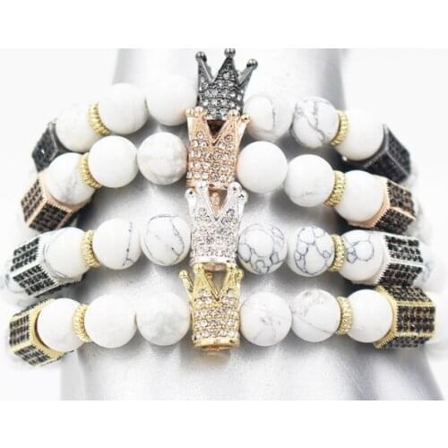 8mm hrg3 gold silver Copper crown white Howlite micro pave cz zircon cubic zirconia Bracelet Yoga Reiki Chakra Healing Balance