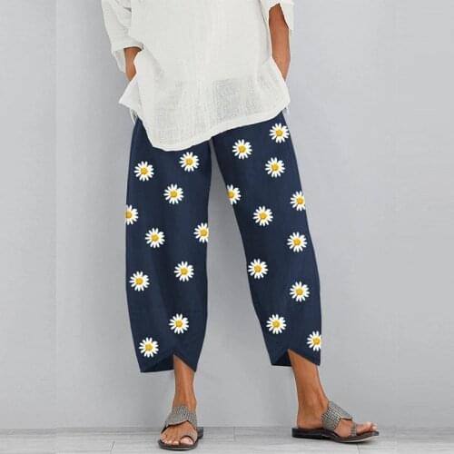 Cotton Linen Small Daisy Printed Pants Summer Women High Waist Beachwear Wide Leg Loose Trousers WDC4746