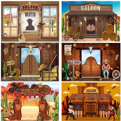 Wild West Backdrop for Photography Vintage Wooden Western Cowboy Saloon Saddle Background Child Boy Birthday Party Decor Banner