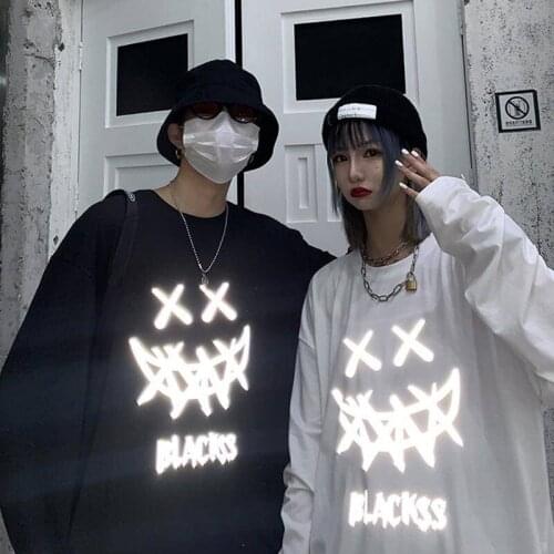 Smiles Print T Shirt Japan Harajuku T-shirts Men Women Funny Long Sleeve Loose Reflective Hip Hop Tshirt Streetwear Men Women