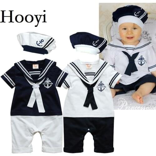 Hooyi Sailor Baby Boy Short Rompers Cool Baby Navy Beret Cap Fashion 100% Cotton Infant Clothes Costumes Seaman Jumpsuit Overall