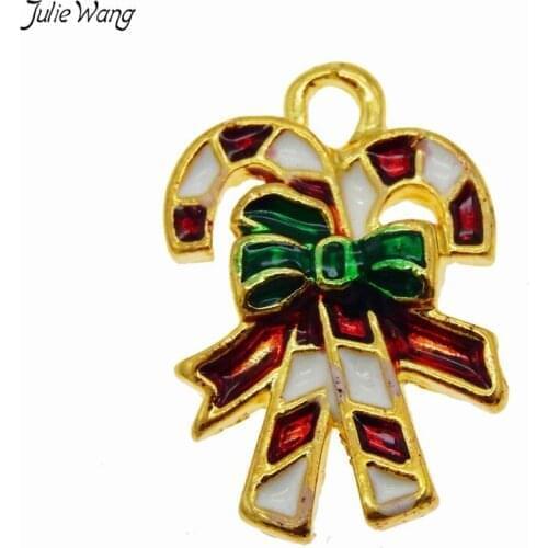 Julie Wang 10pcs Gold Color Based Classic Christmas Stick Shape Alloy Enamel Pendant Chtistmas Tree Holiday Decoration Accessory
