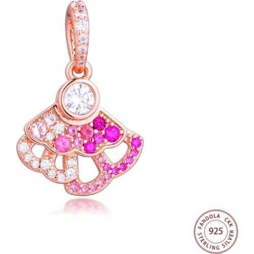 2020 New 925 Sterling Silver Rose Gold Pink Fan Dangle Charms Fits Original Bracelet Beads for Jewelry Making