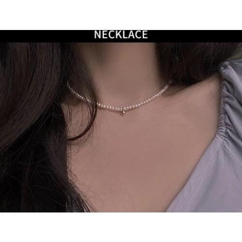 New Style Favorite Natural Pearl Necklace 4MM White Round Real Pearl Gold Color Pendant Choker Necklace Mothers Day Gift