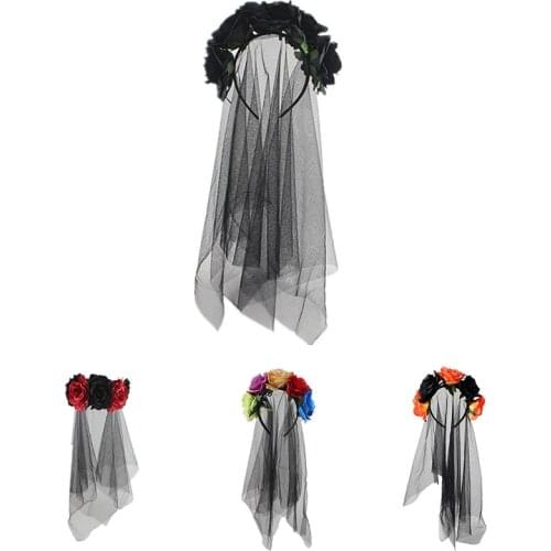 Halloween Red Black Hair Hoop European Beauty Witch Dress Up Rose Flower Veil Party Head Buckle Hair Accessories